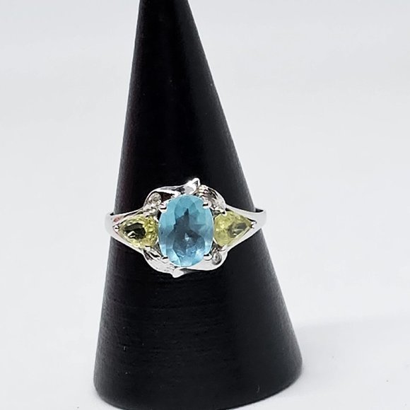 Signed YJ Blue Topaz & Peridot Gem Stones 10K White Gold Ring Size 7 - Picture 4 of 12
